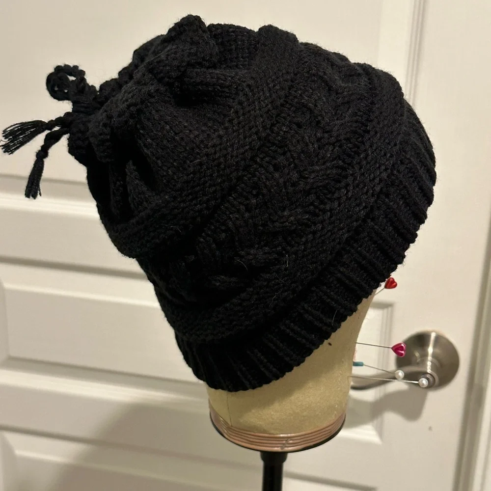 Kin Apparel Satin Lined Black Ponytail Beanie - Picture 5 of 8